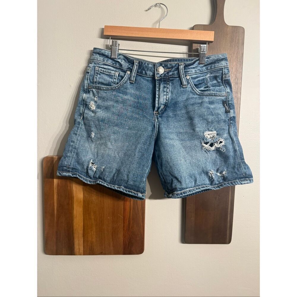 Silver Jean Co. Blue Distressed Boyfriend Mid Rise Denim Jean Shorts Size 25